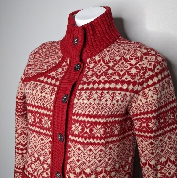 Eddie Bauer red cream fair isle button up wool blend cardigan sweater M - Picture 3 of 7